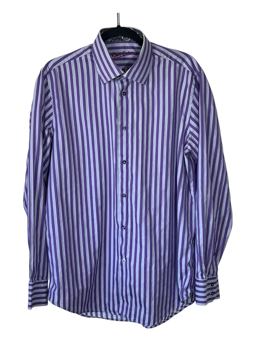 Robert Graham Purple and Grey Vertical Stripe Dress Shirt